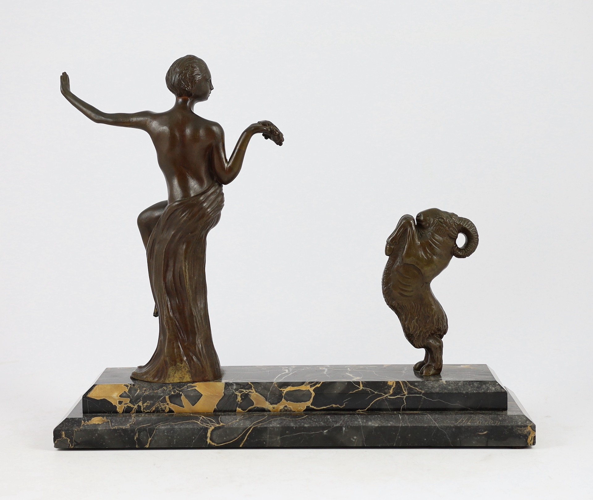 Henri Auguste Payen. An Art Deco bronze group of a female dancer and a rearing goat, 33cm high 39.5cm long